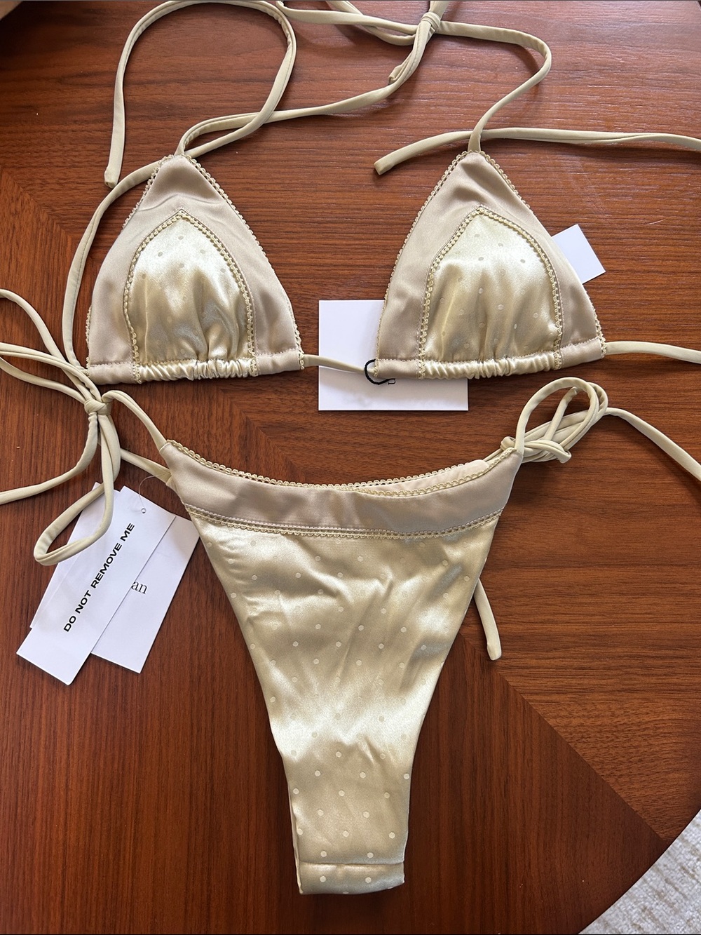 With Jean Satin Triangle Bikini Set in Sage/Champagne